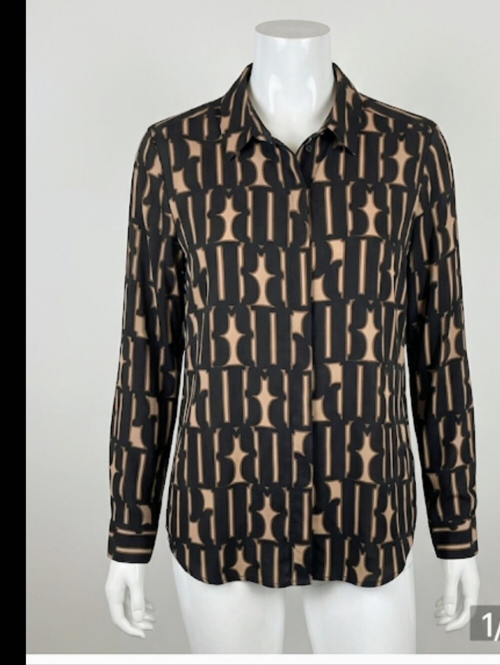 Blouse - Black Beige and Tan Patterned Blouse
